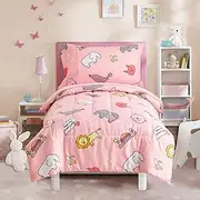 Flysheep 4 Pieces Pink Toddler Bedding Set, Elephant Lion Animals Printed for Baby Girls - Includes Quilted Comforter, Flat Sheet, Fitted Sheet & Pillow Case, Soft Microfiber