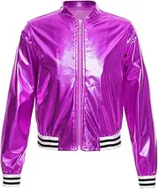 [Sxiwei] Kids Girls Shiny Metallic Bomber Jacket Long Sleeve Motorcycle Baseball Coat Hip Hop Jazz Dance Top Outerwear