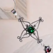 Chrome Diopside, Red Garnet Gemstone 925 Sterling Silver Handmade Cross Pendant