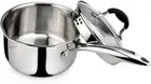Tri-Ply Stainless Steel Saucepan with Glass Strainer Lid, Two Side Spouts, Ergon