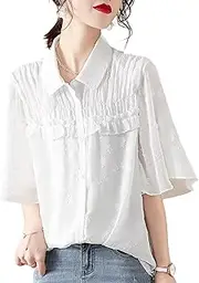 [Generic] Women's Summer Loose Puff Short Sleeve Blouse V Neck Lace Shirt Button Front Tops Stylish