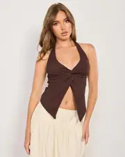 [Ava And Ever] Ava And Ever Women's Tamara Split Front Halter Top in Espresso Brown Size 8 8 Espresso Brown