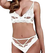 [Zylphorix] Women's Elegant White Lace Lingerie Set with Deep V-Neck Bra & Geometric Cut-Out Briefs - Criss-Cross Back Straps