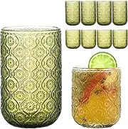 Green Drinking Glasses Set of 12, 12 Oz Highball & 10 Oz Cocktail Glasses, Green Kitchen Vintage Glassware Set, Floral Embossed Glass Tumbler Cups for Water, Beer, Juice, Whiskey, Coffee