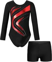 [Oyolan] Kids Gymnastics Leotards Outfits Sparkly Ballet Bodysuit With Shorts Athletic Dance Set For Girls 414years