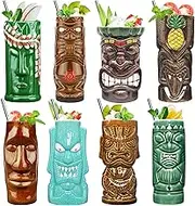 SuproBarware Tiki Mugs Set of 8 – Ceramic Hawaiian Party Drinkware, Tiki Bar Mugs for Cocktails, Premium Tropical Cups Drinks for Exotic Party
