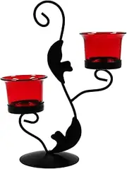 Hosley Red Glass Tealight Candle Holder with Glass Holder, Perfect for Home Decor, Tabletop 2-Cup Centrepiece, Pack of 1