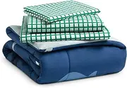 Delta Children 4 Piece Toddler Bedding Set for Boys - Reversible 2-in-1 Comforter - Includes Fitted Comforter to Keep Little Ones Snug, Bottom Sheet, Top Sheet, Pillow Case - Blue/Green Dino