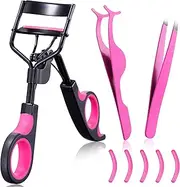 Eyelash Applicator Tool - 3-in-1 Eyelash Curler Lash Lift Kit Lash Curler, Eyelash Curler Tool, Eyelash Extension Tweezers - Includes Replacement Pad with Refill Pads for Home & Travel Uses (Rose Red)