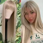 Ash Blonde Synthetic Wigs with Bangs Long Straight Hair Wigs Glueless Synthet...