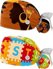 [WOSHJIUK] Working Hat 2 Pack Scrub Caps for Women,African Black Woman Animal,Tie Back Cap Adjustable Scrub Hat