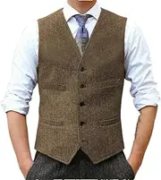 [Kiioouu] V-Neck Mens Suit Vest Wool Herringbone Formal Groom's Men's Wedding Tuxedo Waistcoat Waistcoat For Wedding