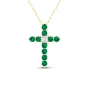 Emerald and 0.05 CT. Natural Diamond Cross Pendant in 10K Yellow Gold