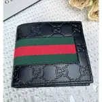 小艾二手 GUCCI 古馳 408826 黑色牛皮壓紋 雙G LOGO 綠紅緑織帶條紋 男士錢包 短夾 對著皮夾 現貨