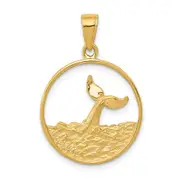 14k Yellow Gold Whale Tail in Circle with Waves Pendant