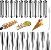 Cream Horn Molds-21 pcs Moulds Stainless Steel Cannoli Form Tubes Cream Roll Mold Screw Croissant Mold Cone Tubular Shaped Mold for Cannoli Tubes Croissant Baking Forms Mould with Cleaning Brush