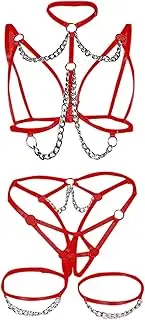 [Generic] Sexy Lingerie for Women and Womens Sexy Cosplay Lingerie Set Lace Outfit Bra and Pantie Nightie with Choker Garter Lingerie for Women Sheer Matching 4 Piece Lingerie Open Panties Lingerie (Red-D, XL)