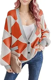 [Generic] Women's Orange Geometric Knit Cardigan - Modern Pattern Design with Blue Denim Styling