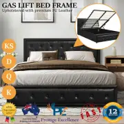 Queen Double King Single Size Gas Lift Bed Frame with Hidden Storage Base Black