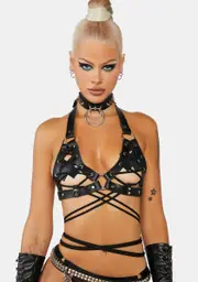 [Daisy Corsets] Black Faux Leather Lace-Up Bra Top
