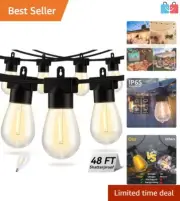 Waterproof 48FT Outdoor String Lights with 15 Dimmable Edison Bulbs - ETL Listed