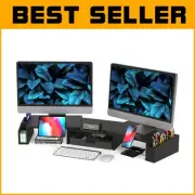 Ergonomic Dual Monitor Stand Riser with Sliding Drawer - Stylish Black Design