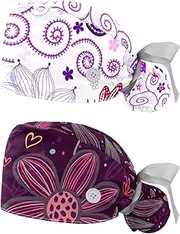 [WOSHJIUK] Working Hat 2 Pack Scrub Caps for Women,Purple Flower Butterfly,Tie Back Cap Adjustable Scrub Hat