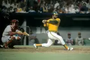 Outfielder Reggie Jackson Oakland Athletics swings and watches th- 1974 Photo 2