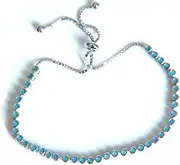 [EBCJIAMS] Turquoise Bezel Set Tennis 925 Sterling Silver Adjustment Chain Delicate Girl Ladies Silver Braceleta Bracelets and Bangles