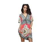 Women'S Deep V-Neck Bohemian Floral Print Beach Dress - Red