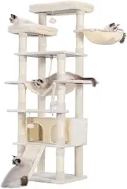 Heybly Tall Cat Tree,78 inch Multi-Level Cat Tower for Indoor Cats,2 Widened Plush Perches Cat Condo with Scracthing Board and Big Caves,Beige HCT033M