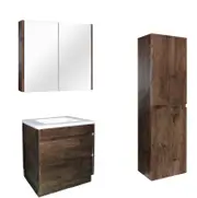 750mm Dark Oak Qubist MDF Freestanding With Kickboard Vanity With Ceramic Top With Shaving Cabinet and Tall Boy