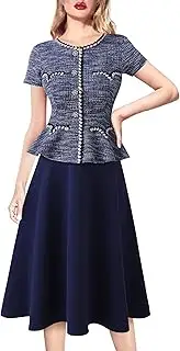 [VFSHOW] Womens Tweed Buttons Peplum Work Business Office Church Braided Trim Patchwork Fit and Flare A-Line Midi Dress