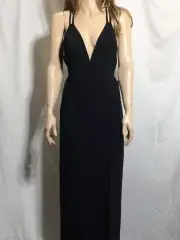 Women's NWT Aidan Mattox Crepe V-Neck Strappy Cage Slip Gown Black Dress
