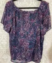 DKNY Women’s Blouse Large Chiffon Lined Peasant Blouse Flutter Sleeves NWT