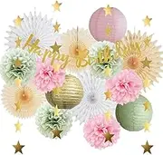 Sage Green and Pink Birthday Decorations for Women Pom Poms Light Pink Paper Lanterns Sage Green Pink Gold Birthday Decorations Cream White Fans with Happy Birthday Banner Gold Star Garland for Girls