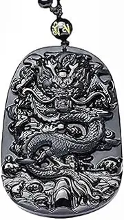 [HLbshi] Crystal Natural black obsidian dragon necklace Amulet pendant bead with adjustable chain