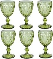 [TOMVAES] Vintage Wine Glasses Set of 6, 240 ML Wine Goblets Glass Stemed, Water Drinking Glassware with Embossed Pattern, Coloured Thicken Glass Cup for Wedding, Party, Bar, Blue, Rhombus (Green)