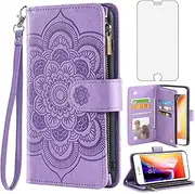Asuwish Compatible with iPhone 7/8/SE 2020/2022 Wallet Case Tempered Glass Screen Protector Card Holder Cell Phone Cover for iPhone7 iPhone8 7s 8s i SE2020 SE2022 2/2nd/3/3rd Generation SE2 SE3 Purple