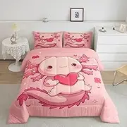 Feelyou Cute Axolotl Bedding Set Cartoon Newt Comforter Set for Kids Boys Girls Sea Animal Quilt Set Love Heart Print Duvet Quilt Bedroom Collection 3Pcs Full Size