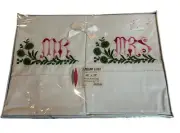 Vintage Retro Mr & Mrs Embroidered Cotton Pillowcases Ensemble Set NEW NOS