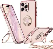 XYZ for iPhone 15 Pro Max Case with Ring, Double Ring Holder Stand Case Heart with Strap for Girls Women, Luxury Cute Bling Protective Phone Cover Case for iPhone 15 Pro Max, Pink