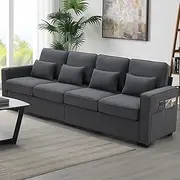 [BIADNBZ] Linen Fabric 4-Seater Sofa Modern Couch Furniture with Armrest Storage Pockets and 4 Pillows, for Living Room Apartment, 104inch, Dark Gray