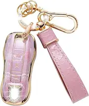 for Porsche Key Fob Cover with Keychain Lanyard, Pink Key Case Protection Shell Compatible with Porsche 911 Cayenne Panamera TAYCAN Smart Key Protector Holder