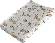 Spring Woodland Animal Changing Pad Cover Deer Mushroom Flowers Leaves Forest Baby Nursery Diaper Changing Pad Sheets for Boy Girl Soft Breathable Stretch Fitted Changing Table Sheets Mats 32''x16''
