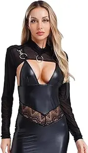 [Yeahdor] Mesh Crop Top for Womens Y2K Long Sleeve Mock Neck Hollow Out Sexy Bikini Cover-up Tank Top