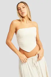 Beige Scarf Top Boob Tube Shirred Back Linen Blend - Size 14, Women's Crop Top