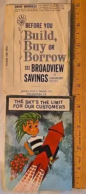 Vtg Dwarf Elf Space Rocket Art Flower Seed Packet Advertising Bank PROMO 1973 PA