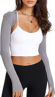[VOXMDY] Women Workout Long Sleeve Bolero Shrug Crop Top with Thumb Hole Slim Athletic Open Front Cropped Cardigan Shrug Shirt