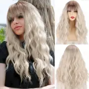Long Blonde Wavy Wigs with Bangs Medium Length Wavy Ombre Platinum Blonde Wig...